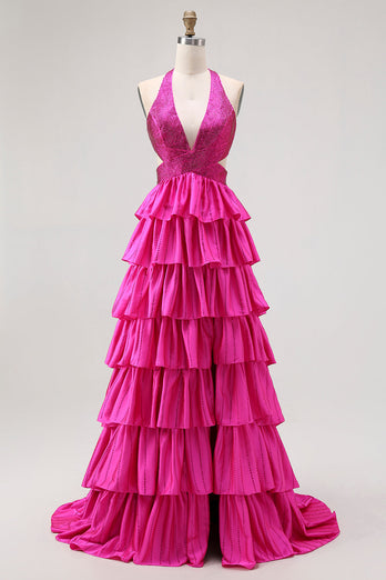 Glitzer Fuchsia Neckholder A Linie Rüschen Lange Ballkleid mit Perlen