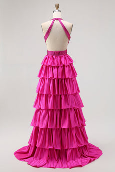 Glitzer Fuchsia Neckholder A Linie Rüschen Lange Ballkleid mit Perlen