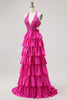 Laden Sie das Bild in den Galerie-Viewer, Glitzer Fuchsia Neckholder A Linie Rüschen Lange Ballkleid mit Perlen