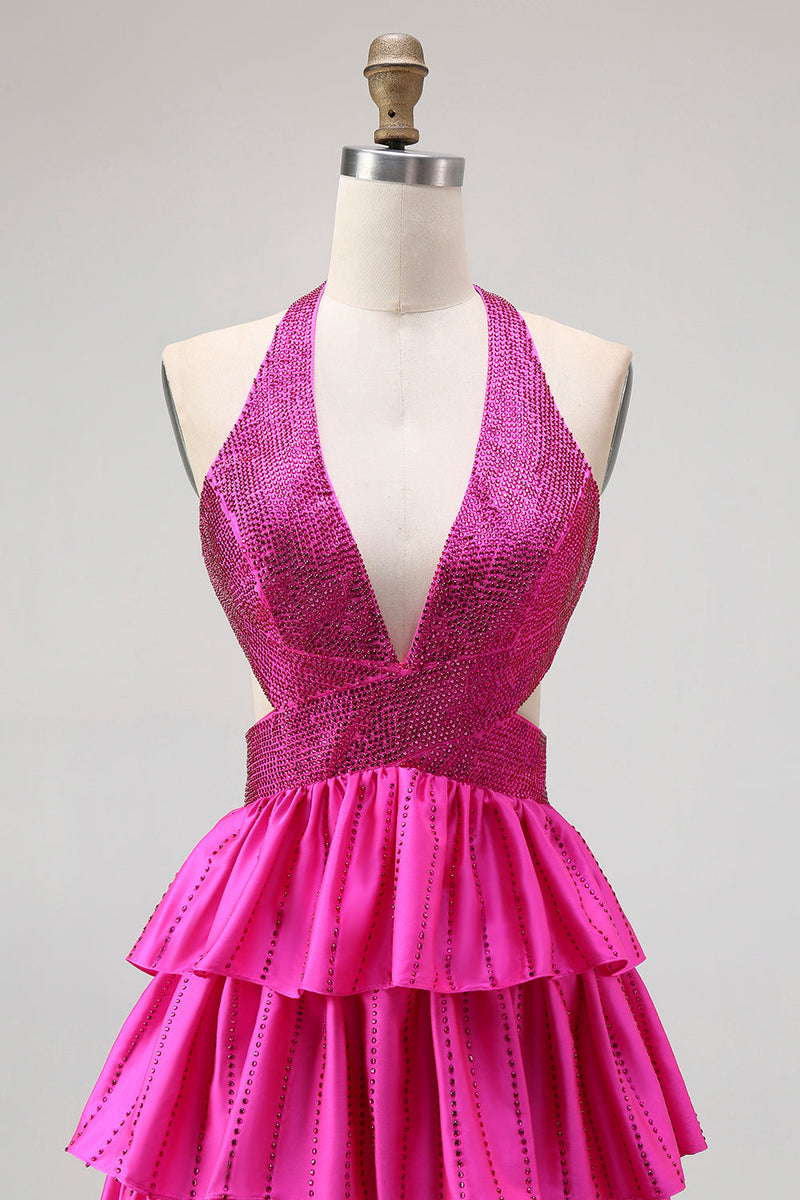 Laden Sie das Bild in den Galerie-Viewer, Glitzer Fuchsia Neckholder A Linie Rüschen Lange Ballkleid mit Perlen