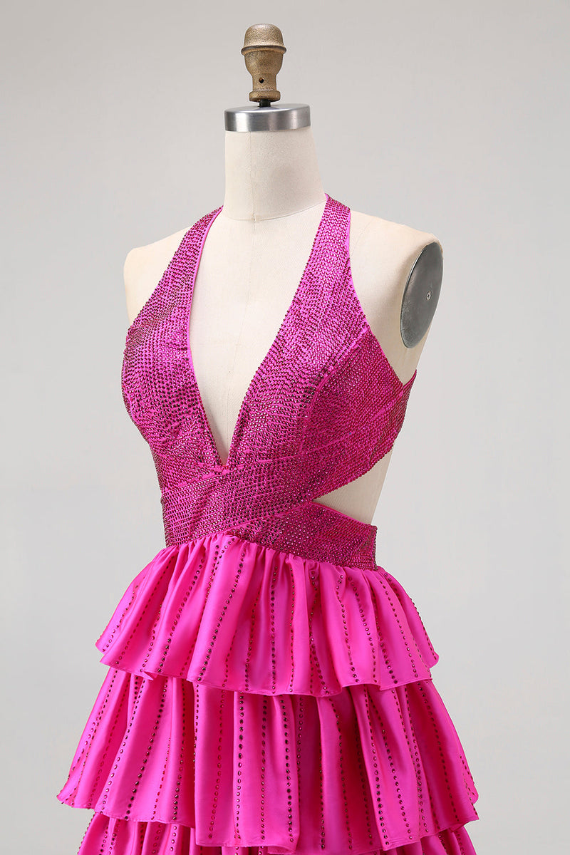 Laden Sie das Bild in den Galerie-Viewer, Glitzer Fuchsia Neckholder A Linie Rüschen Lange Ballkleid mit Perlen
