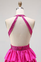 Laden Sie das Bild in den Galerie-Viewer, Glitzer Fuchsia Neckholder A Linie Rüschen Lange Ballkleid mit Perlen