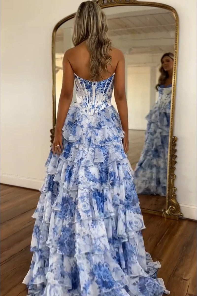 Laden Sie das Bild in den Galerie-Viewer, A-Linie Errötendes Herzausschnitt Korsett Langes Abendkleid mit Blumen-Print