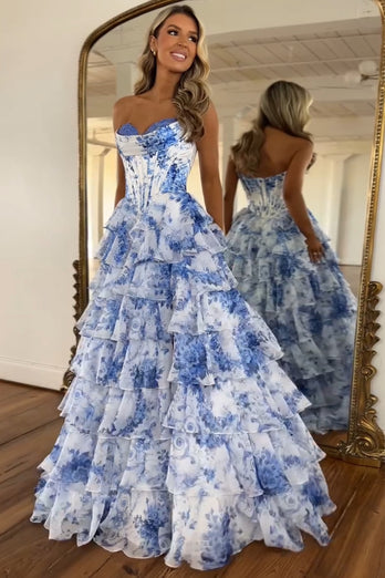 A-Linie Errötendes Herzausschnitt Korsett Langes Abendkleid mit Blumen-Print