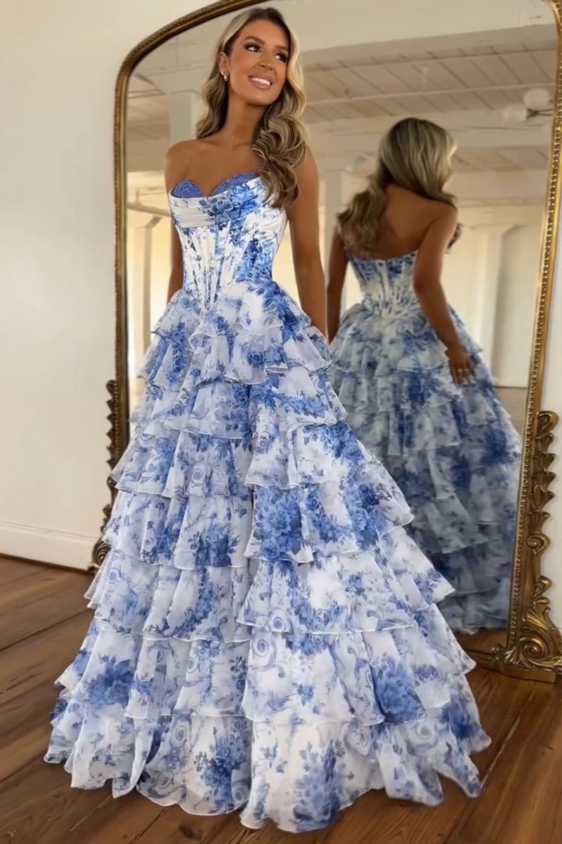 Laden Sie das Bild in den Galerie-Viewer, A-Linie Errötendes Herzausschnitt Korsett Langes Abendkleid mit Blumen-Print