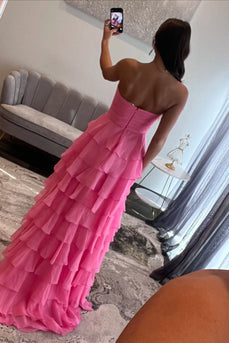 Fuchsie Herzchen Gestufter Chiffon Langes Korsett Abendkleider mit Schlitz