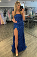 Laden Sie das Bild in den Galerie-Viewer, Glitzer Königsblau Trägerlos Pailletten Langes Abendkleider mit Schlitz