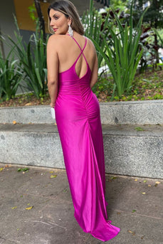 Fuchsie V-Ausschnitt Rückenfrei Satin Langes Abendkleider mit Schlitz