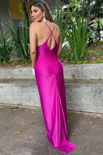 Fuchsie V-Ausschnitt Rückenfrei Satin Langes Abendkleider mit Schlitz