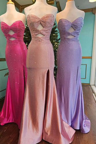 Glitzer Rosa Perlen Herzchen Langes Satin Abendkleider mit Schlitz