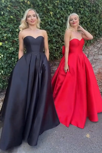 Elegantes Rote A Linie Trägerlos Lange Satin Abendkleid mit Schleife