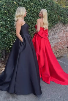 Elegantes Rote A Linie Trägerlos Lange Satin Abendkleid mit Schleife