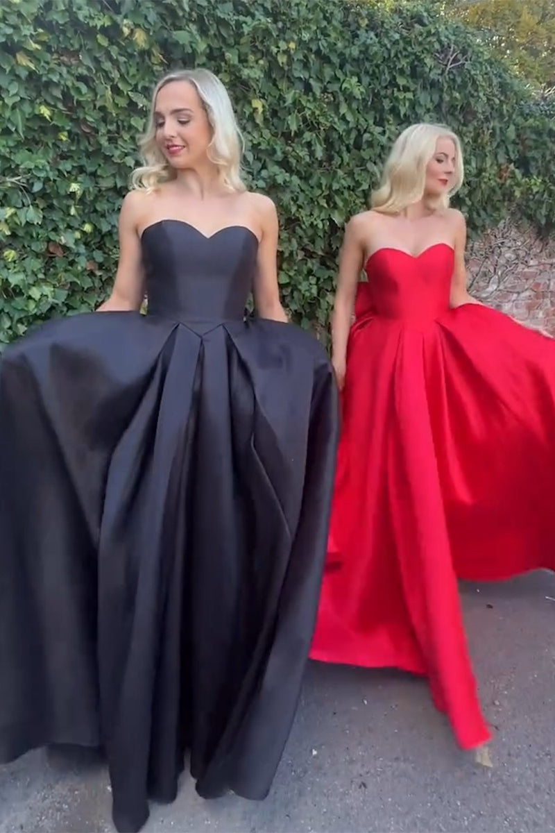 Laden Sie das Bild in den Galerie-Viewer, Elegantes Rote A Linie Trägerlos Lange Satin Abendkleid mit Schleife