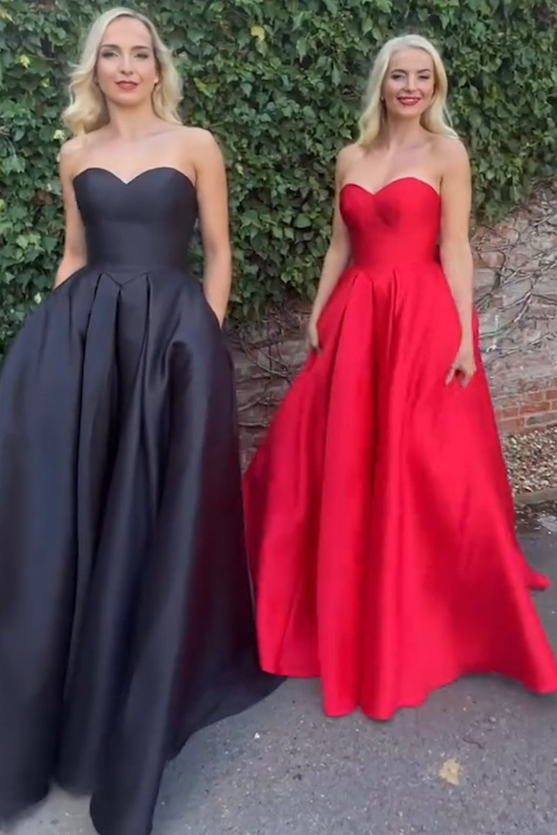 Laden Sie das Bild in den Galerie-Viewer, Elegantes Rote A Linie Trägerlos Lange Satin Abendkleid mit Schleife