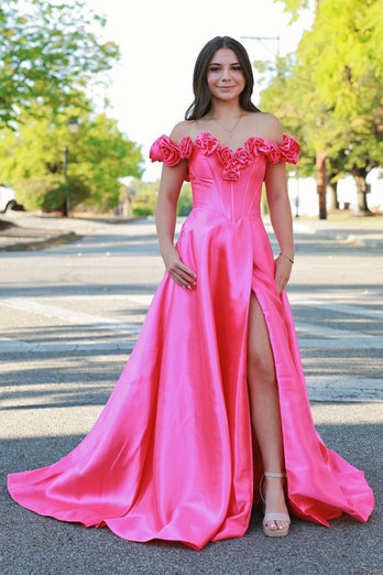 Rote A-Linie Schulterfreies Korsett Lange Abendkleid mit Blumen
