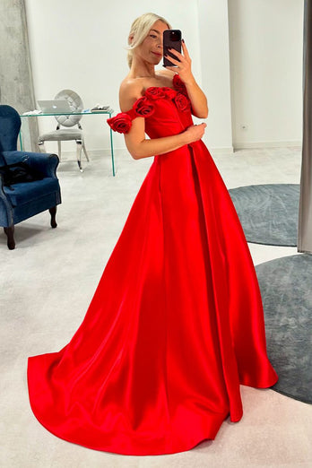 Rote A-Linie Schulterfreies Korsett Lange Abendkleid mit Blumen