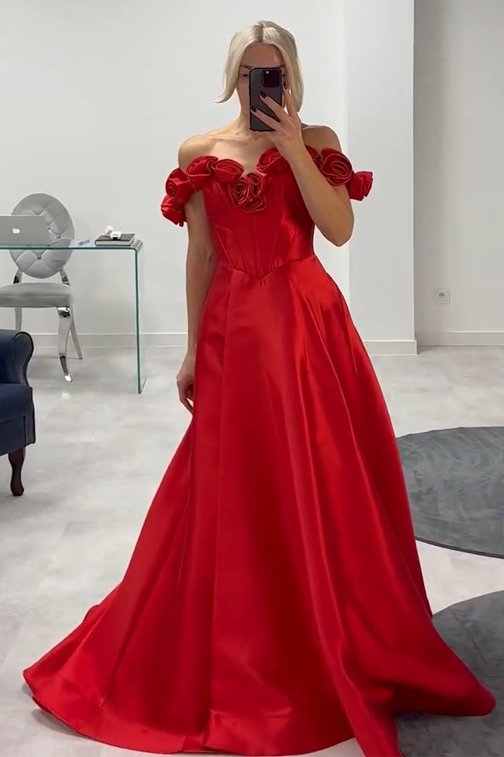 Rote A-Linie Schulterfreies Korsett Lange Abendkleid mit Blumen