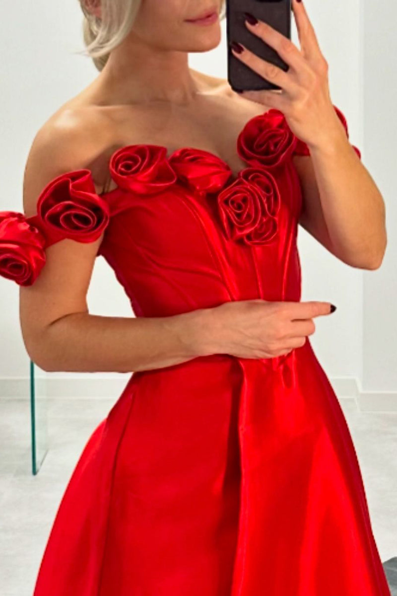 Laden Sie das Bild in den Galerie-Viewer, Rote A-Linie Schulterfreies Korsett Lange Abendkleid mit Blumen