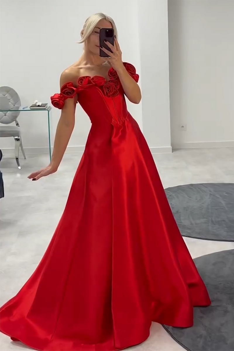 Laden Sie das Bild in den Galerie-Viewer, Rote A-Linie Schulterfreies Korsett Lange Abendkleid mit Blumen