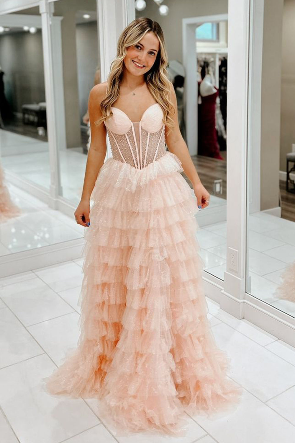 Glitzer Rosa Perlen Korsett Gestreift Lange Abendkleid