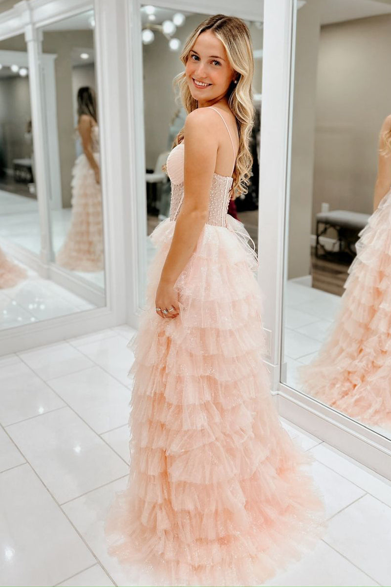 Laden Sie das Bild in den Galerie-Viewer, Glitzer Rosa Perlen Korsett Gestreift Lange Abendkleid