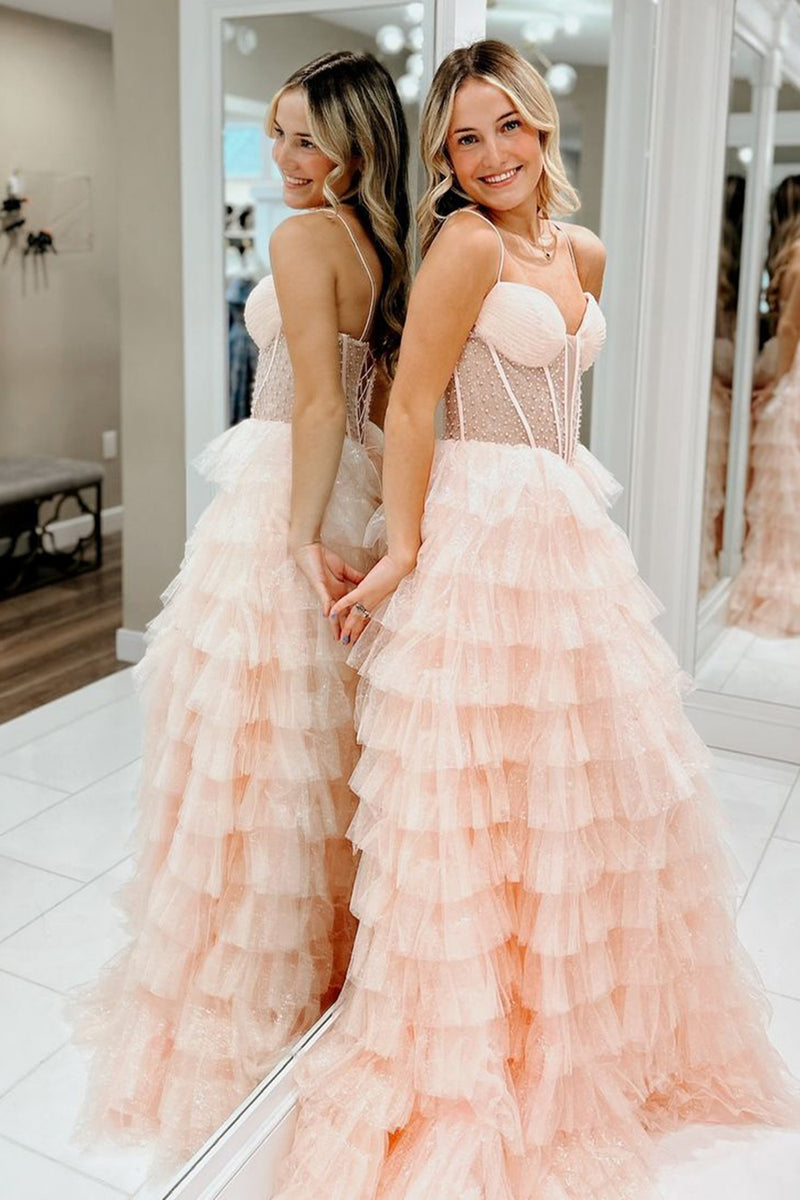 Laden Sie das Bild in den Galerie-Viewer, Glitzer Rosa Perlen Korsett Gestreift Lange Abendkleid