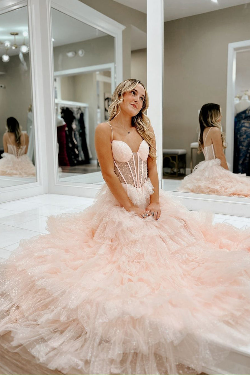 Laden Sie das Bild in den Galerie-Viewer, Glitzer Rosa Perlen Korsett Gestreift Lange Abendkleid