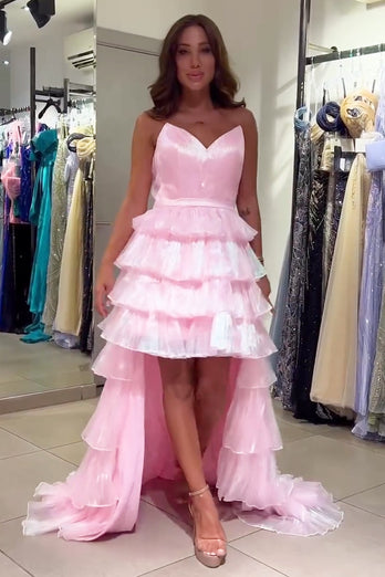 Rosa Hoch-Tief Gestuftes Schätzchen Lange Abendkleid