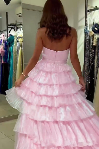 Rosa Hoch-Tief Gestuftes Schätzchen Lange Abendkleid