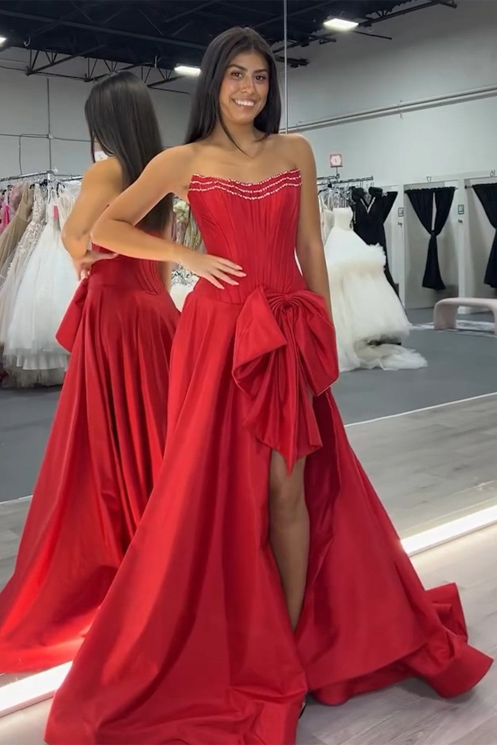 Glitzer Rote Perlen Korsett Lange Abendkleid mit Schleife