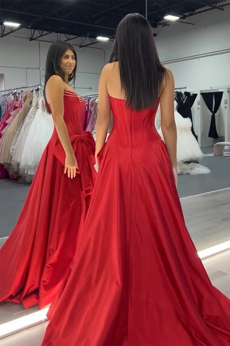 Laden Sie das Bild in den Galerie-Viewer, Glitzer Rote Perlen Korsett Lange Abendkleid mit Schleife