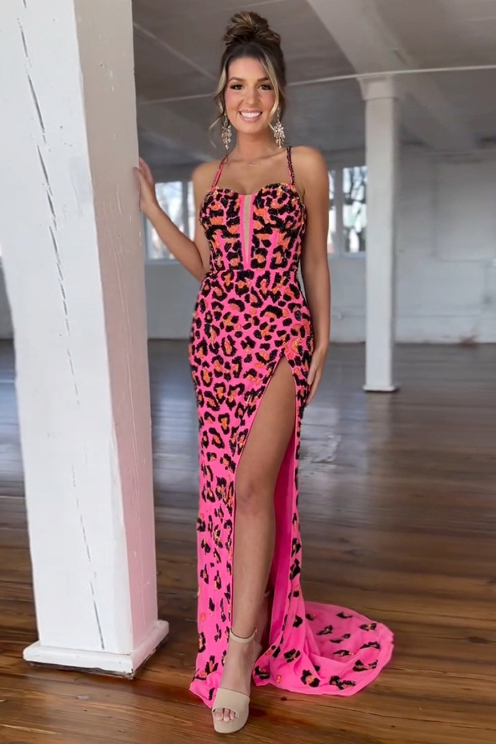 Fuchsia Gepardenmuster Korsett Langes Ballkleid mit Schlitz
