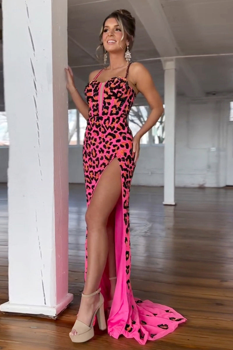 Laden Sie das Bild in den Galerie-Viewer, Fuchsia Gepardenmuster Korsett Langes Ballkleid mit Schlitz