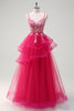 Laden Sie das Bild in den Galerie-Viewer, Glitzer Fuchsia Tüll A Linie Spaghettiträger Rüschen Langes Ballkleid