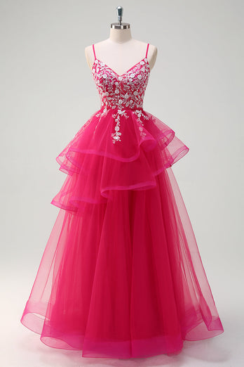 Glitzer Fuchsia Tüll A Linie Spaghettiträger Rüschen Langes Ballkleid