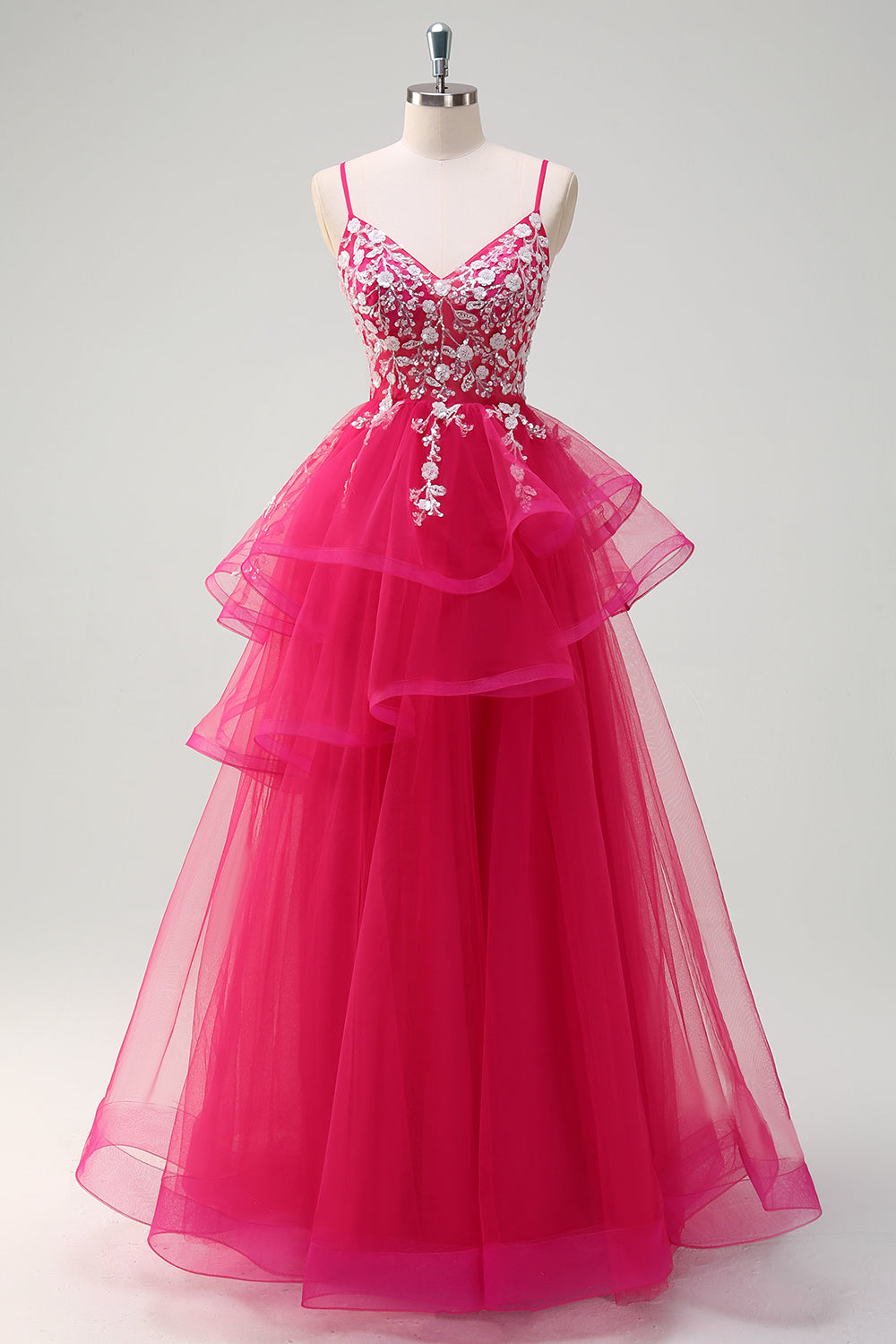Glitzer Fuchsia Tüll A Linie Spaghettiträger Rüschen Langes Ballkleid