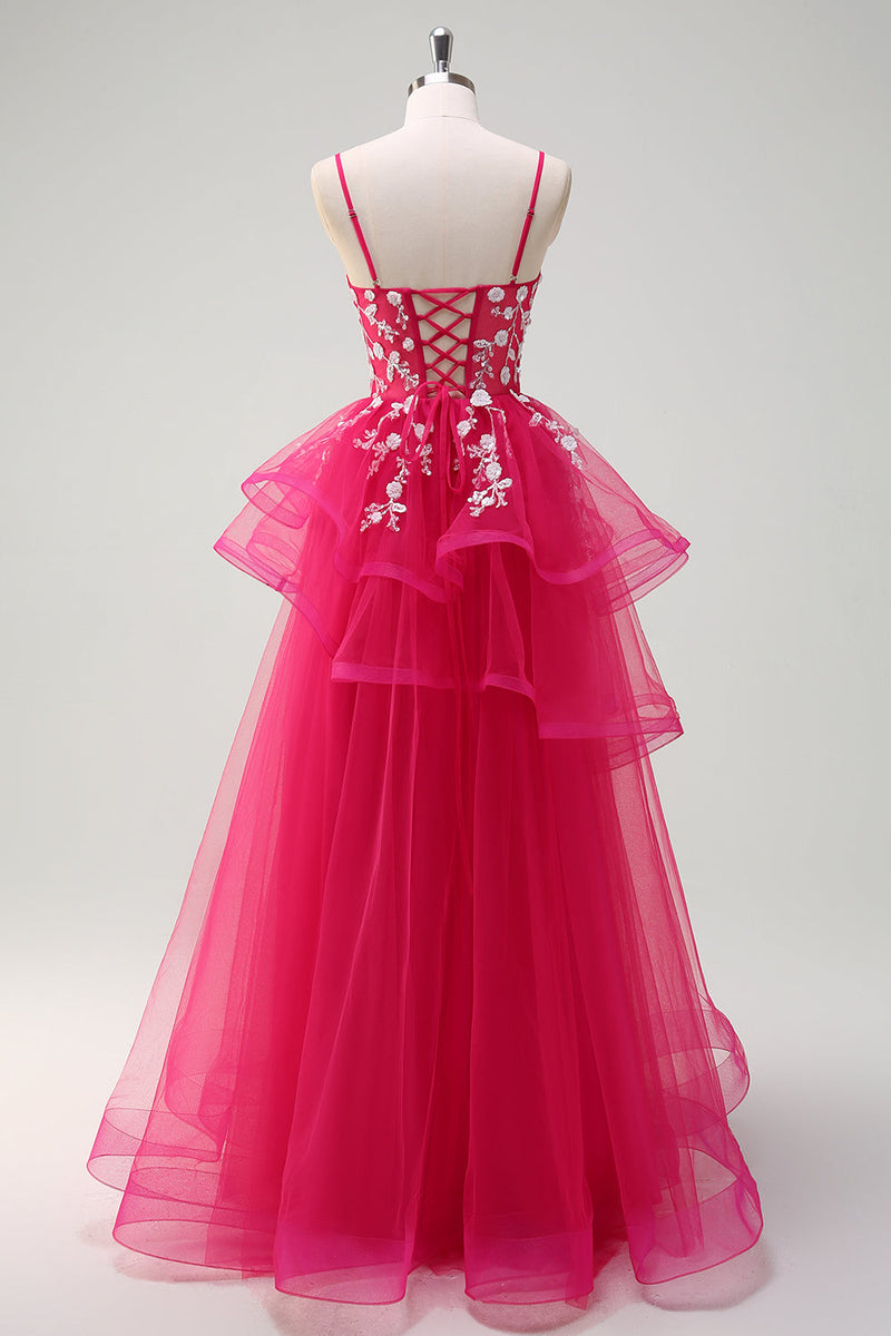 Laden Sie das Bild in den Galerie-Viewer, Glitzer Fuchsia Tüll A Linie Spaghettiträger Rüschen Langes Ballkleid