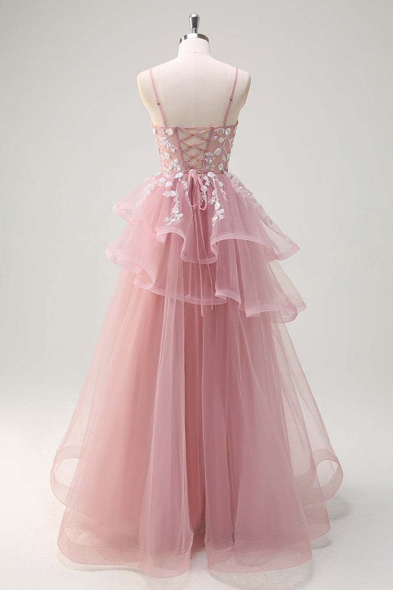 Laden Sie das Bild in den Galerie-Viewer, Glitzer Fuchsia Tüll A Linie Spaghettiträger Rüschen Langes Ballkleid