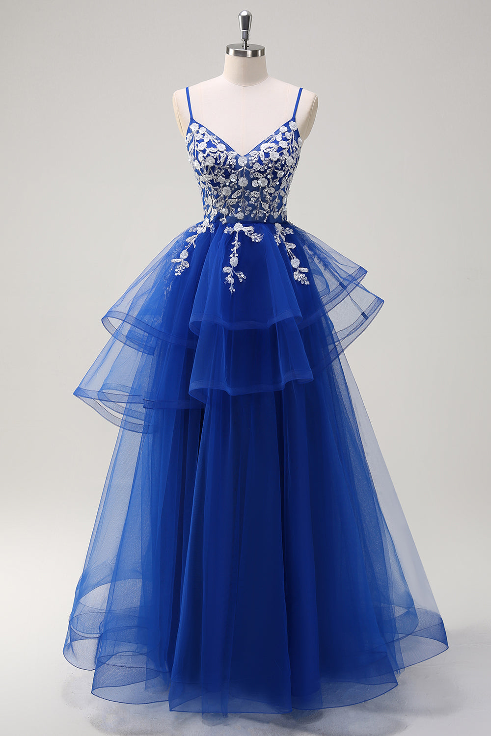 Blumen Königsblau Gestuftes A Linie Langes Ballkleid mit Pailletten