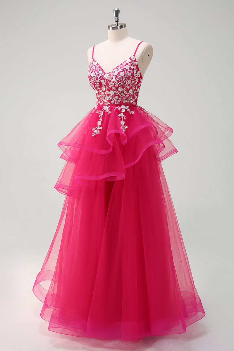 Laden Sie das Bild in den Galerie-Viewer, Glitzer Fuchsia Tüll A Linie Spaghettiträger Rüschen Langes Ballkleid