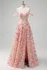 Laden Sie das Bild in den Galerie-Viewer, Rosa A Linien Korsett 3D Blumen Korsett Langes Abendkleid mit Schlitz