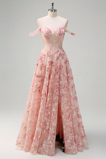 Rosa A Linien Korsett 3D Blumen Korsett Langes Abendkleid mit Schlitz