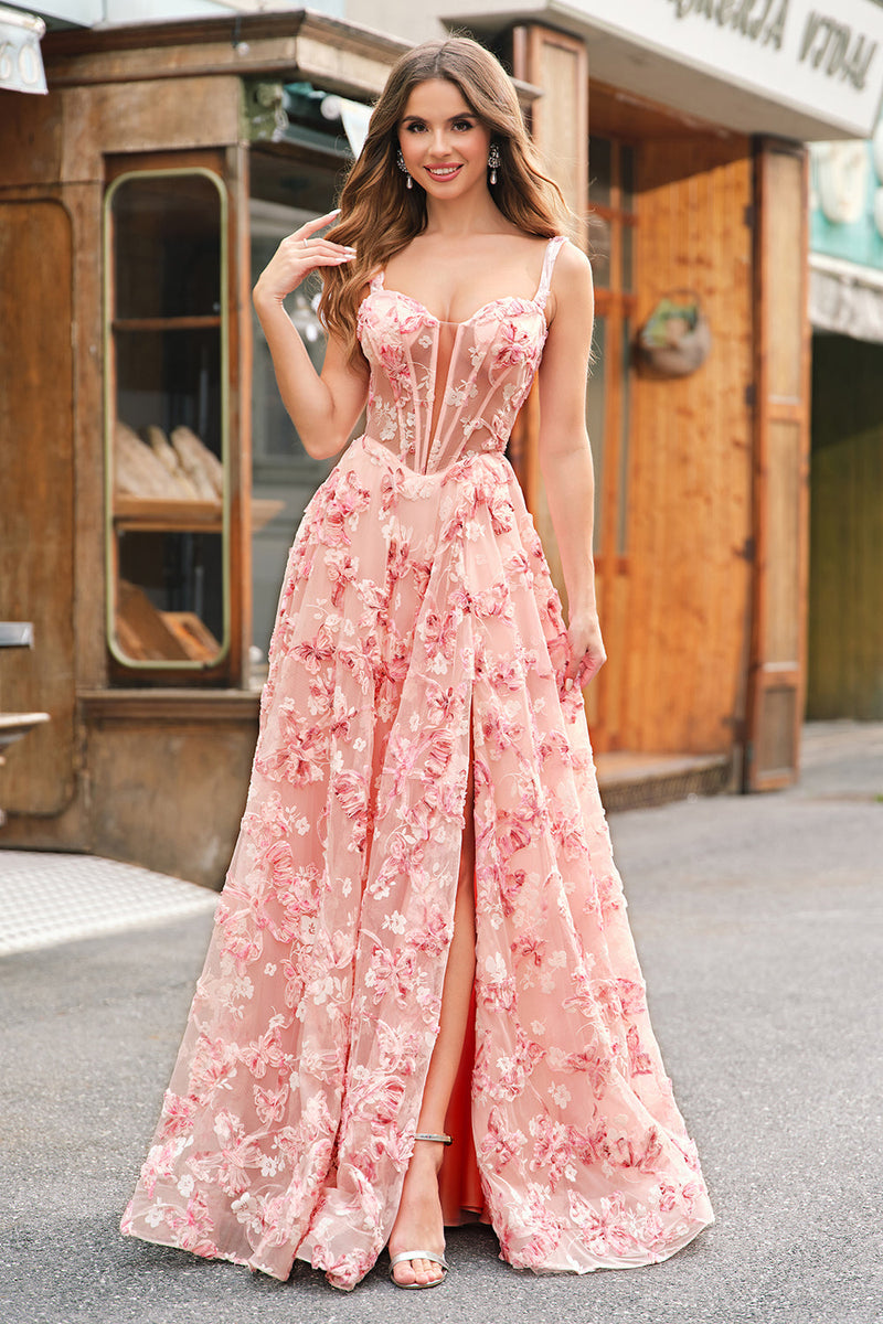 Laden Sie das Bild in den Galerie-Viewer, Rosa A Linien Korsett 3D Blumen Korsett Langes Abendkleid mit Schlitz