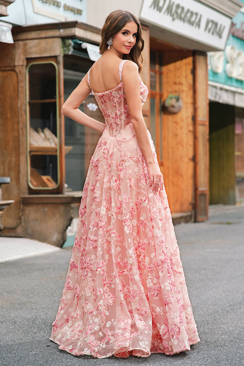 Laden Sie das Bild in den Galerie-Viewer, Rosa A Linien Korsett 3D Blumen Korsett Langes Abendkleid mit Schlitz