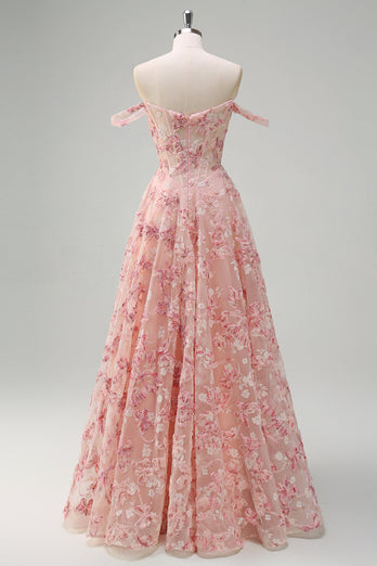 Rosa A Linien Korsett 3D Blumen Korsett Langes Abendkleid mit Schlitz