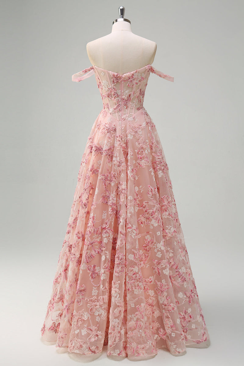 Laden Sie das Bild in den Galerie-Viewer, Rosa A Linien Schulterfrei Korsett Langes Ballkleid mit Schlitz