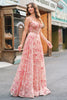 Laden Sie das Bild in den Galerie-Viewer, Rosa A Linien Korsett 3D Blumen Korsett Langes Abendkleid mit Schlitz