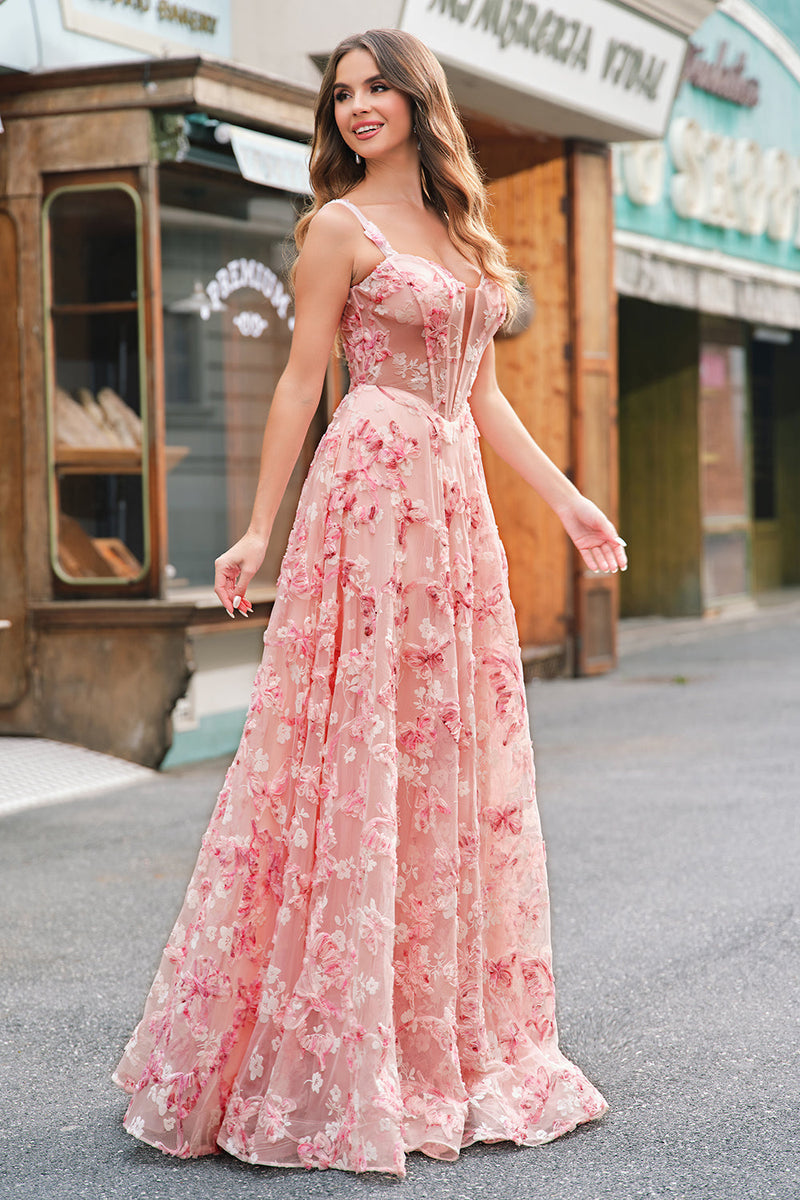 Laden Sie das Bild in den Galerie-Viewer, Rosa A Linien Korsett 3D Blumen Korsett Langes Abendkleid mit Schlitz