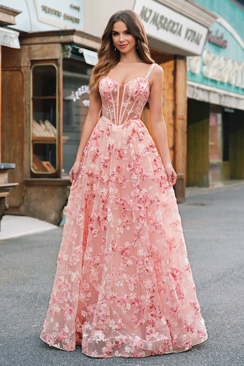Laden Sie das Bild in den Galerie-Viewer, Rosa A Linien Korsett 3D Blumen Korsett Langes Abendkleid mit Schlitz
