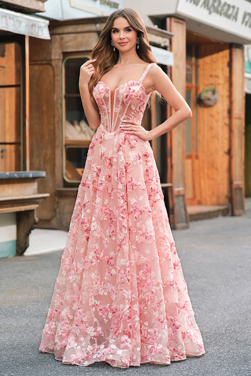 Laden Sie das Bild in den Galerie-Viewer, Rosa A Linien Korsett 3D Blumen Korsett Langes Abendkleid mit Schlitz